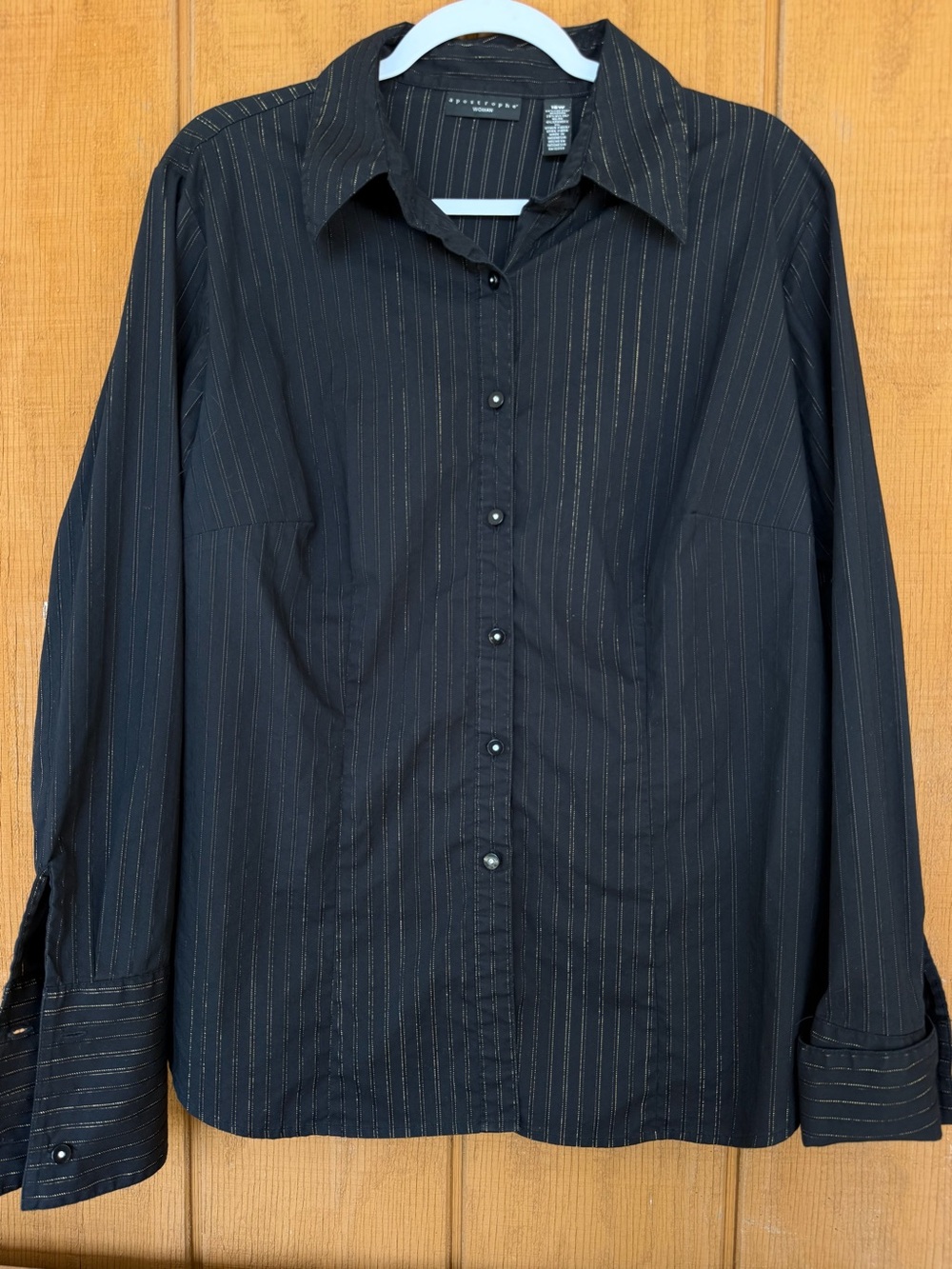 Apostrophe Woman Black Button-Down Shirt with Gold Pinstripes